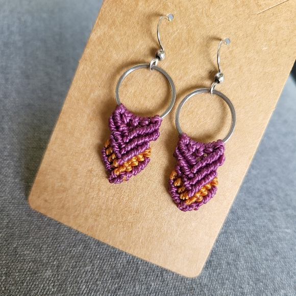 New Handmade Micro- Macrame Earrings- purple and burnt orange - Picture 1 of 4